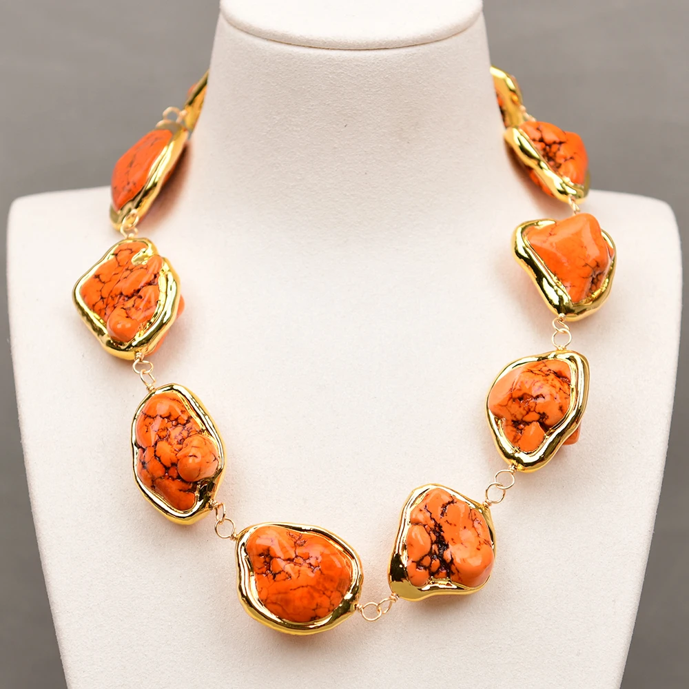 

G-G 19" Big Orange Color Turquoise Gold Edge Plated Nugget Chokers Chain Necklace Women Jewelry Gift