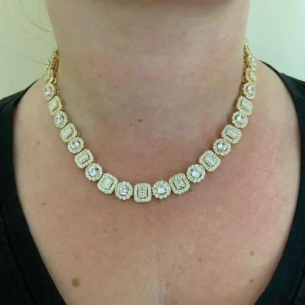 Luxury 925 Sterling Silver Iced Out Baguette Diamond Gold Solid Round Square Tennis Cluster Chain Tennis Necklaces Mens Womens.
