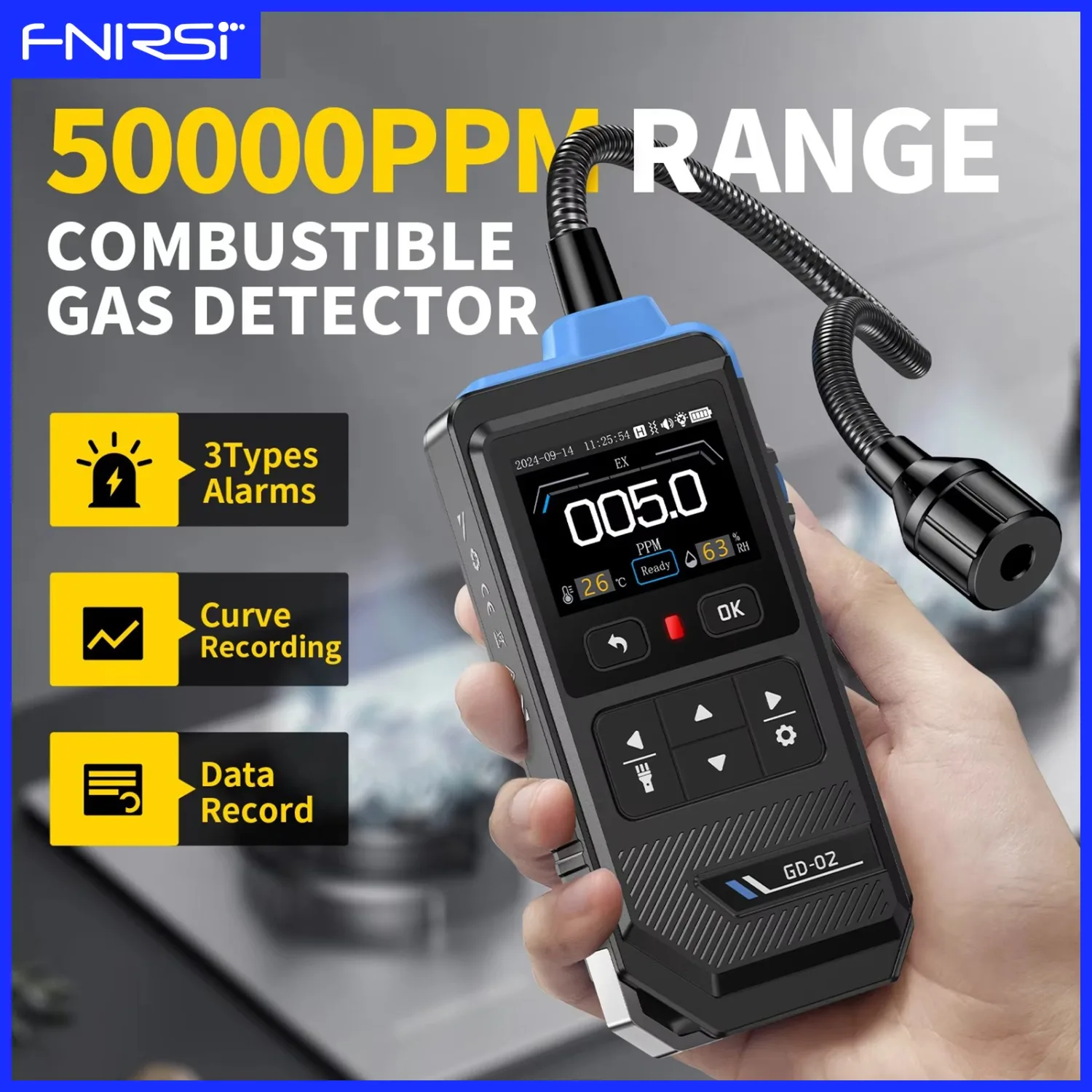 FNIRSI GD-02 Combustible Gas Detector 0~50000 PPM Methane Propane Isobutane Leakage Alarm for Domestic and Industrial Use