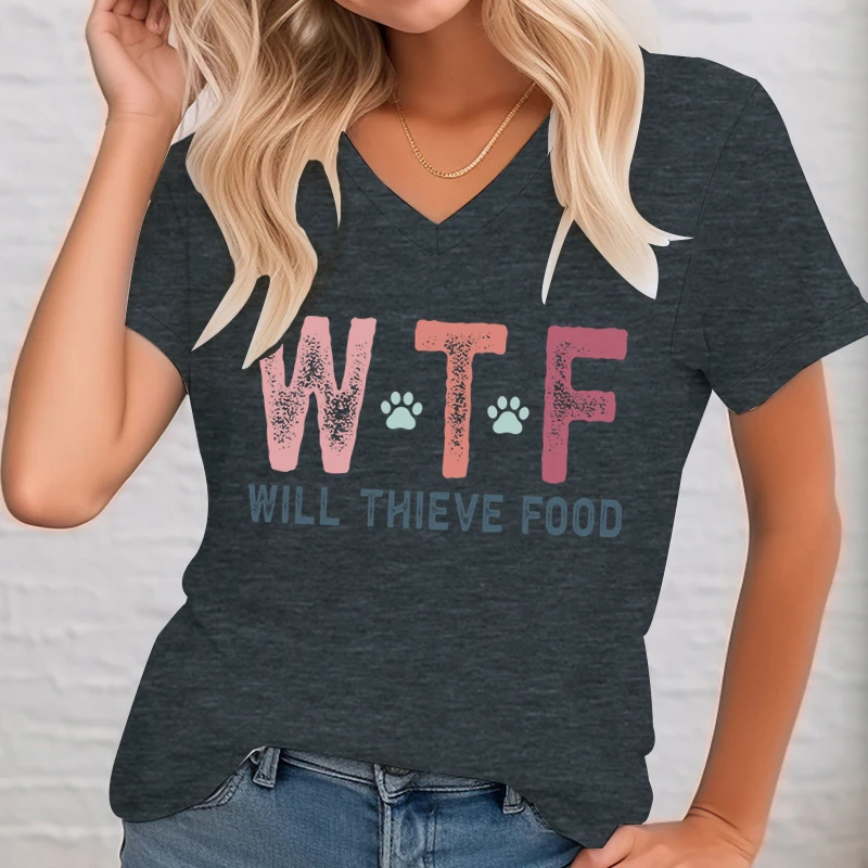 Will Thieve Food Print Dog Paw Graphic T-shirt Short Sleeve V-Neck Street Tops for Women Funny Letter WTF Trend Women Tshirts