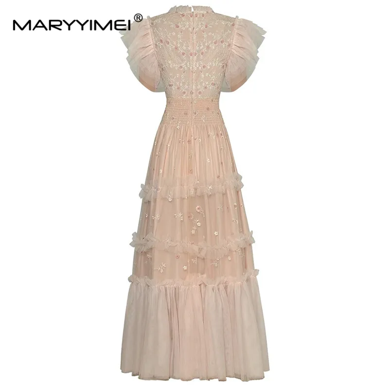 MARYYIMEI Women's Ball Gown dress Butterfly Sleeves Small flowers Embroidery Mesh Wood ear edge Elegant Party Evening Dresses