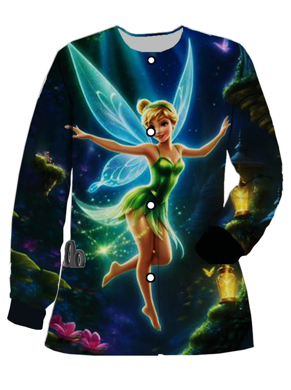 Disney Magic Fairies Cute Print Long Sleeve Pocket Cardigan Women's Nurse Uniform Hospital Playground Work Uniform