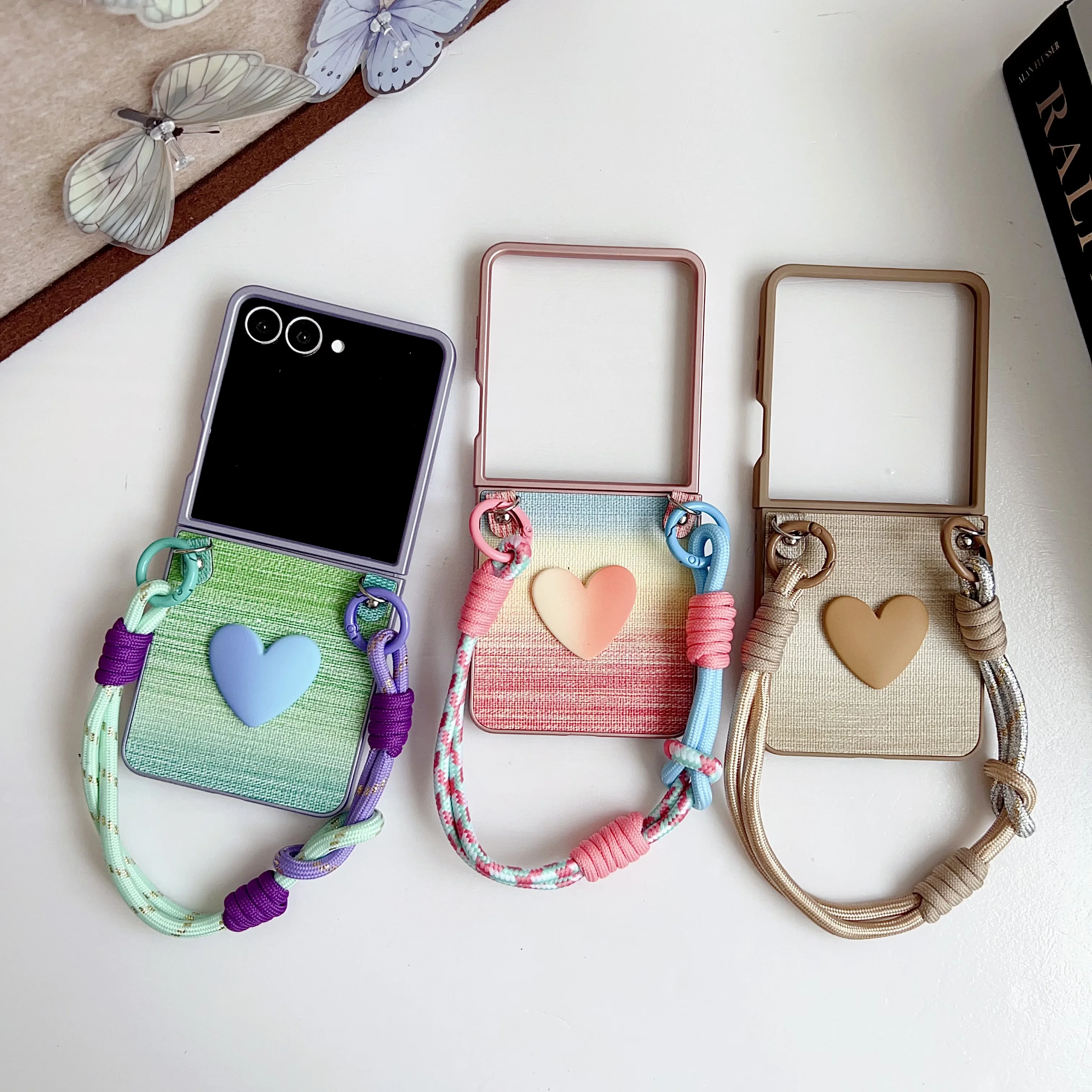 

Back Cover For Samsung Galaxy Z Flip 7 6 5 4 Case Hand Straps Rope 3D Love Colorful Pu Leather Hard PC Shockproof Phone Case