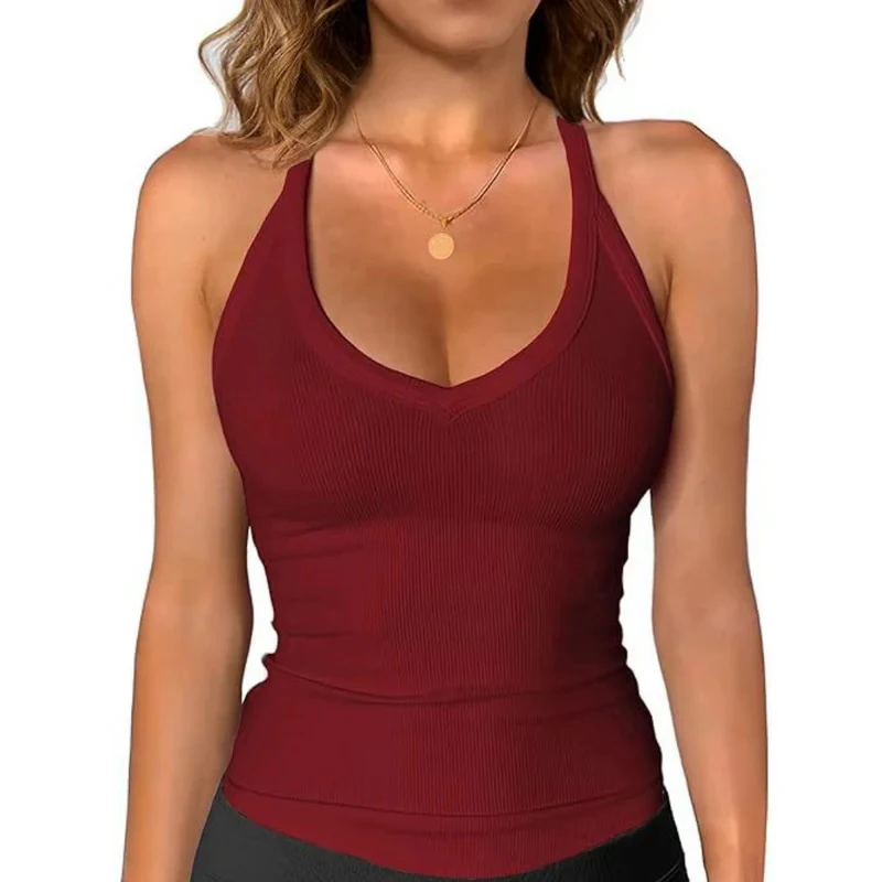 Women Sexy V Neck Sling Camisole Solid Color Halter Tank Top With Built-in Padded Bra Breathable Outer Wear Inner Daily Casual