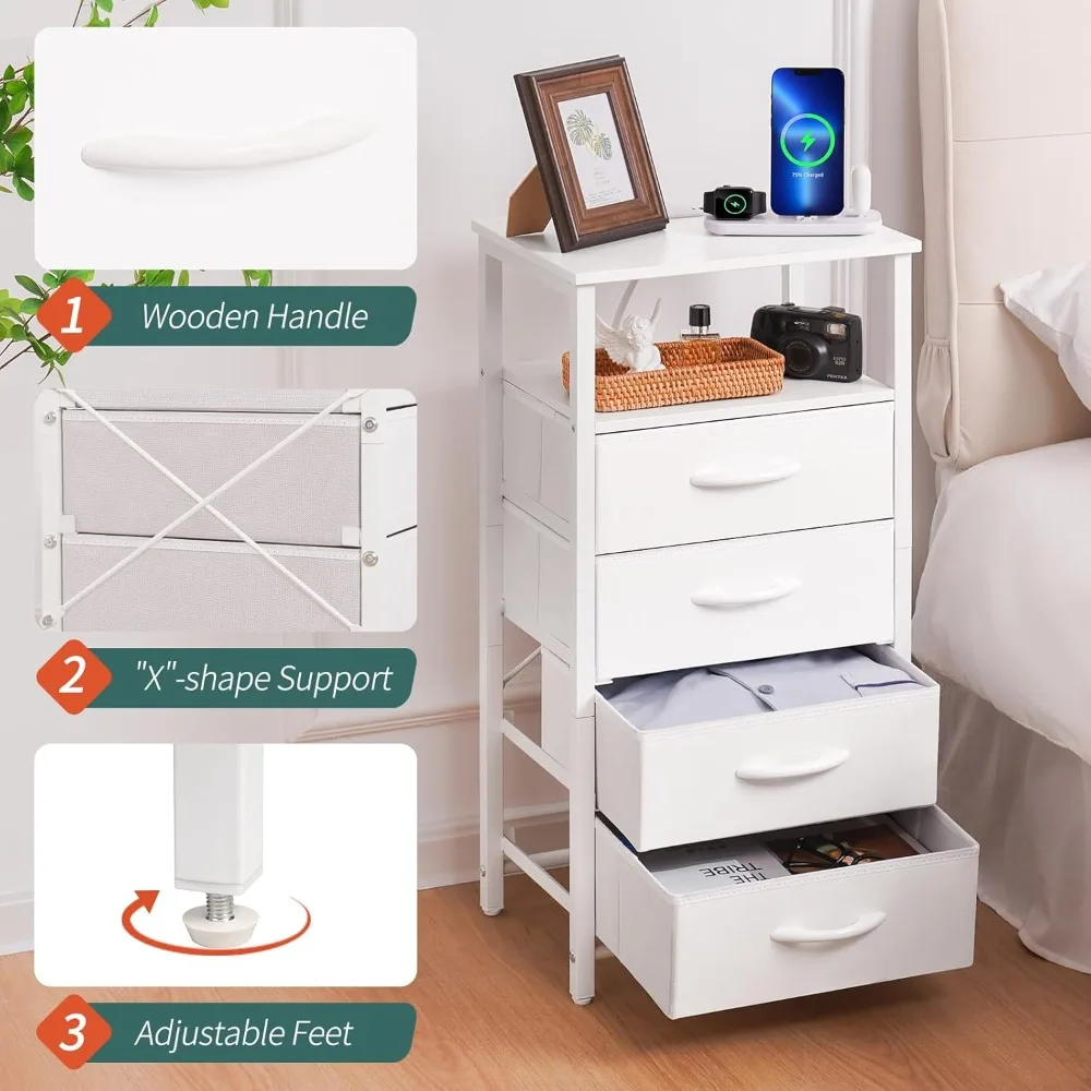 

Night Stand -LED White Nightstand with Charging Station, Bedside Table w/4 Storage Drawers End Table with USB Ports and Outlets