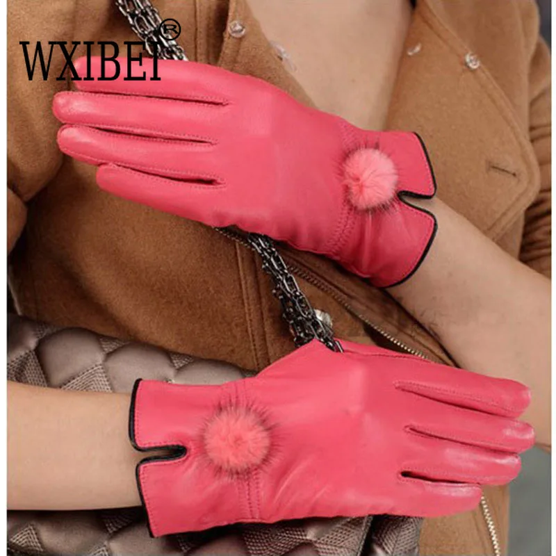 

Genuine Leather Glove Women Warm Fashion Winter Ladies Hand Warmer Gloves With Natural Mink Fur Ball