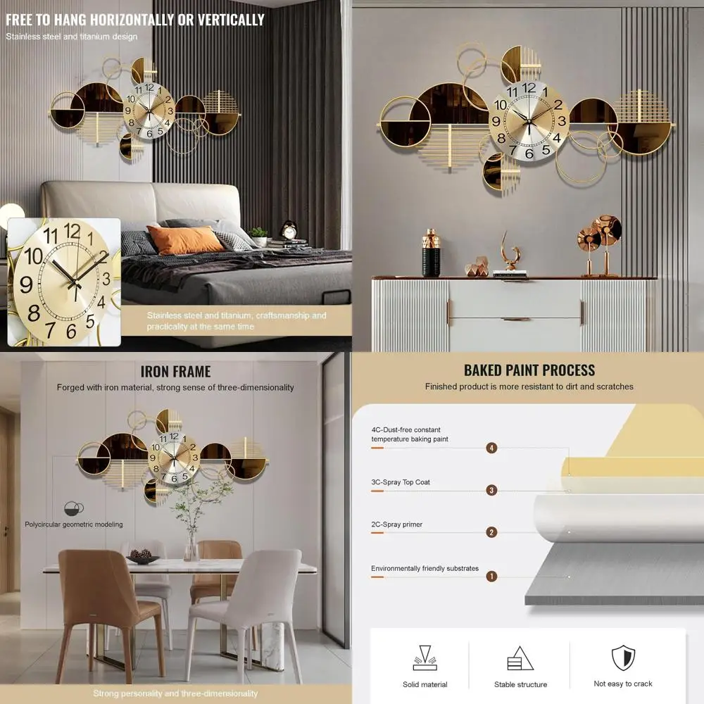 Reloj de pared de metal 3D contemporáneo, ticking silencioso, reloj de arte decorativo grande para el hogar, 34 x 17,7