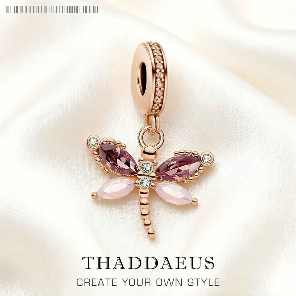 Wisiorek Dragonfly Rose Gold 925 Sterling Silver Dangle Charm Women Bohemia Fine Jewelry