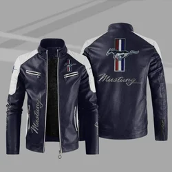 Chaqueta De cuero PU con logotipo De Mustang para Hombre, cortavientos informal De lana para motocicleta, cuello alto, Invierno