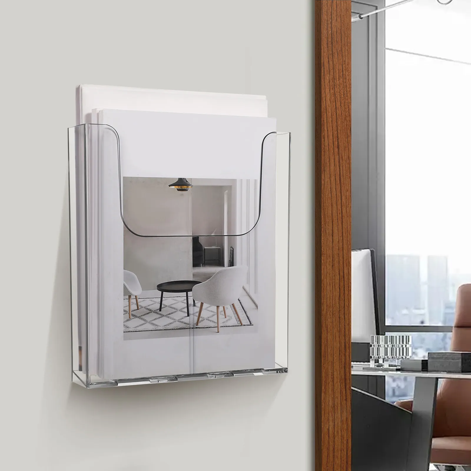 2Pcs Space Saving Acrylic Wall Mounted File Holder A4 Size Flyer Brochure Display Rack for Office School Exhibition Hotel