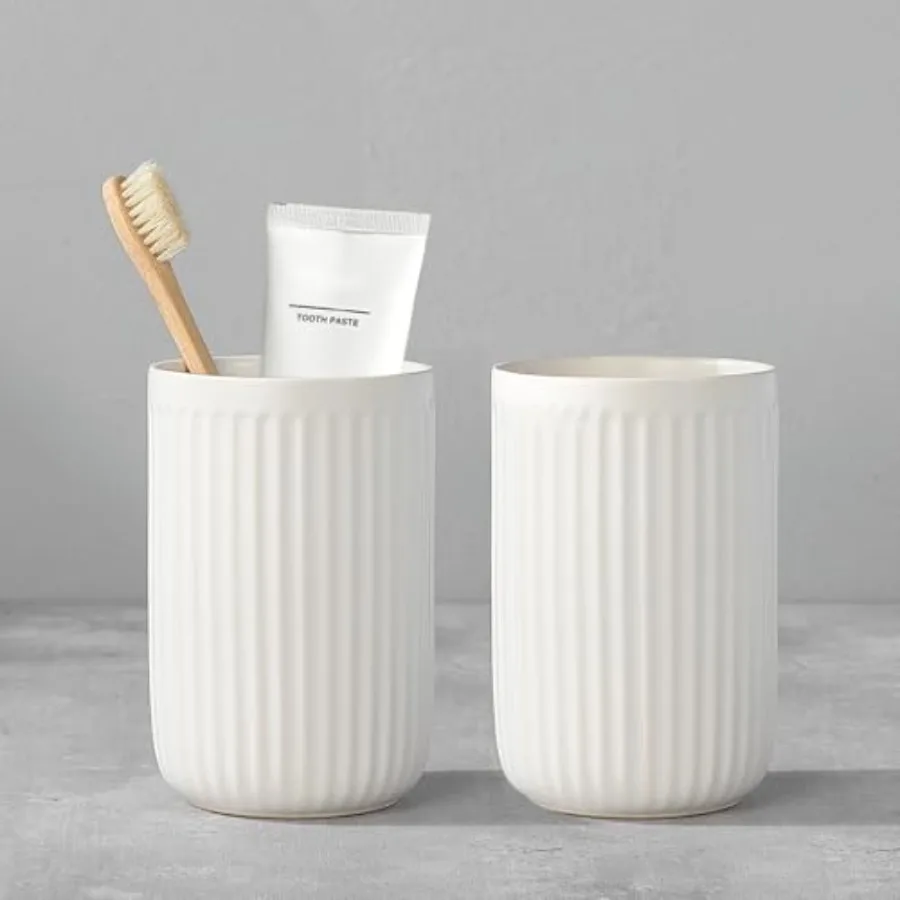 

White Ceramic Toothbrush and Toothpaste Holders Set with Two Cups for Bathroom Counter Organization Reusable Modern Design for