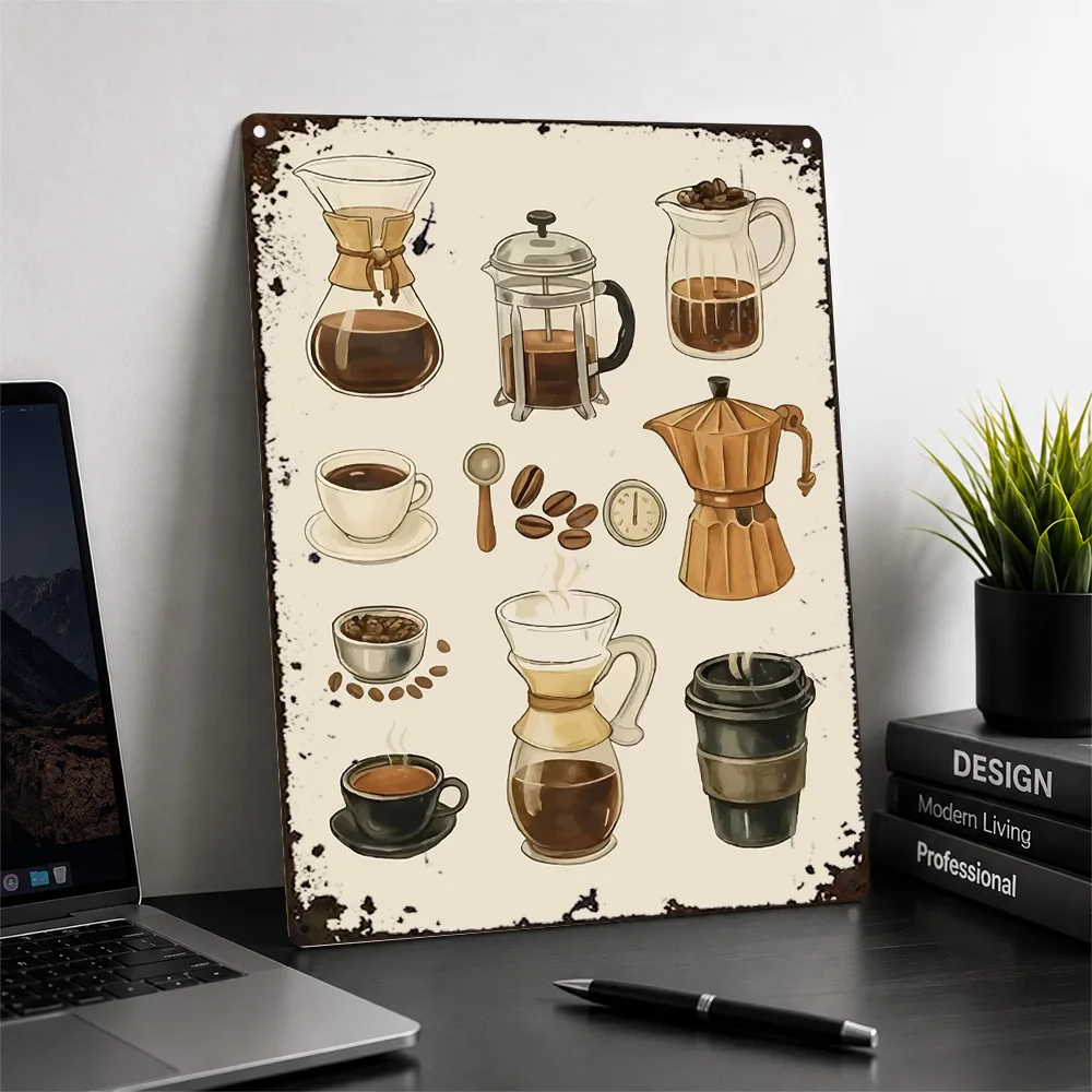 Coffee Brewing Methods Textured Metal Poster Watercolor Wall Art For Breakfast Nook Customized Aluminum Sign Barista Gift Idea