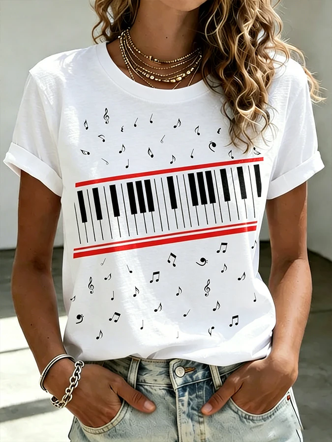 Ilstile Damen-T-Shirts mit Klavier-Musiknoten-Aufdruck, Sommer, kurzärmelig, lässig, Rundhalsausschnitt, Retro-Fan-Favorit-T-Shirts, NEU