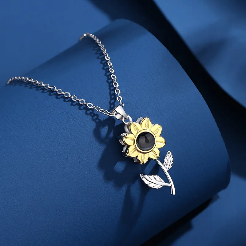 Personalized Sunflower Photo Projection Necklace Custom Picture Pendant I Love You Jewelry Gift for Women Mom Wife Daughter