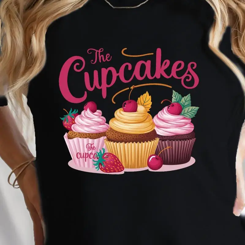 تي شيرت برقبة دائرية مطبوع عليه كب كيك للربيع والصيف #1