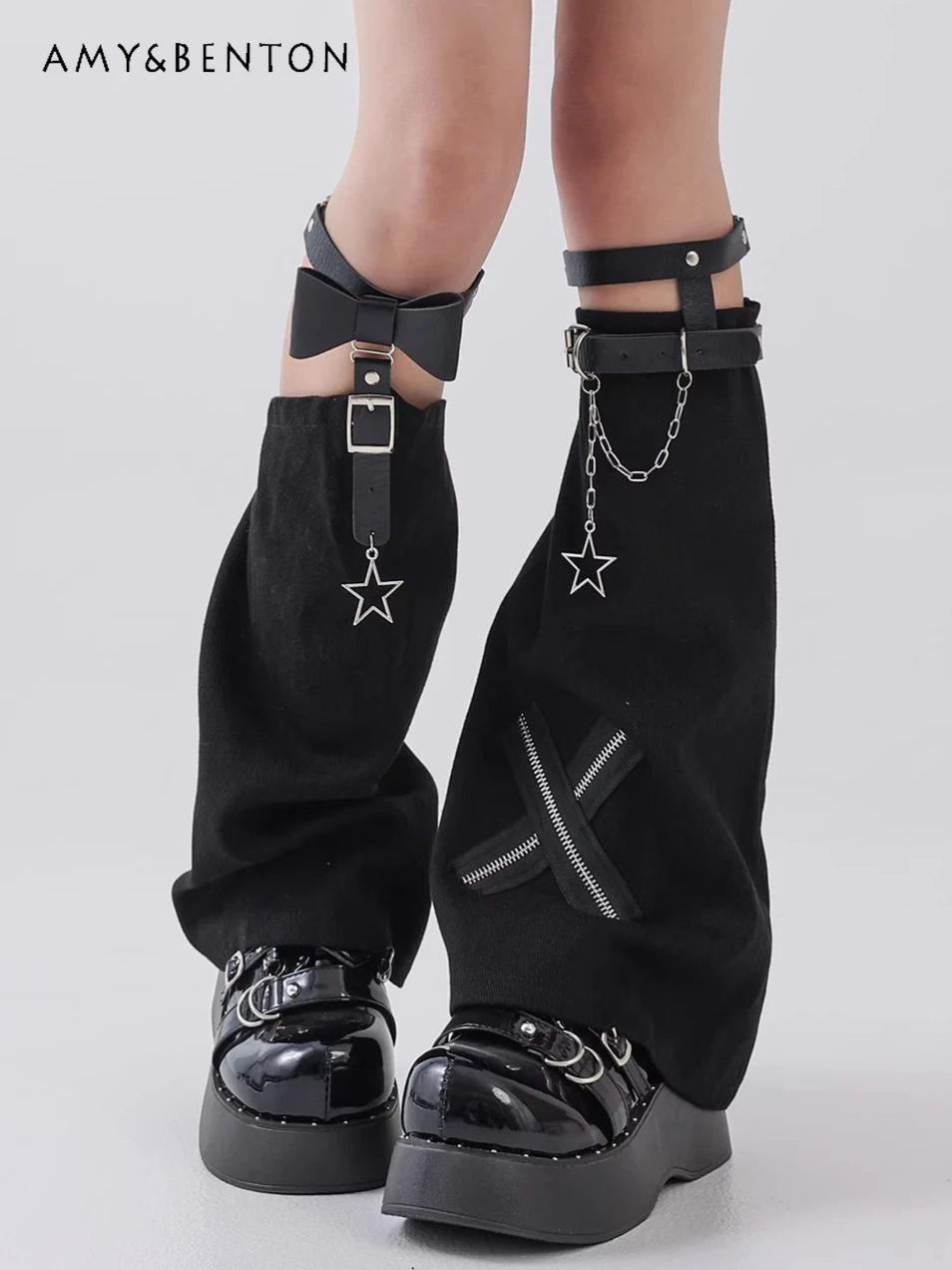 Subculture Black Denim  Thigh High Stockings Harajuku Style Dark Girl Bow Leather Button Spice Girl Trumpet Legwarmers Women