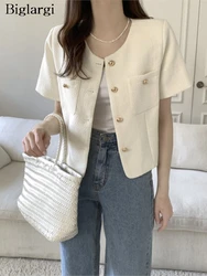 Summer Short Sleeve Coat Women Elegant Fashion O-Neck Ladies Cropped Jackets Korean Style Loose Woman Tops