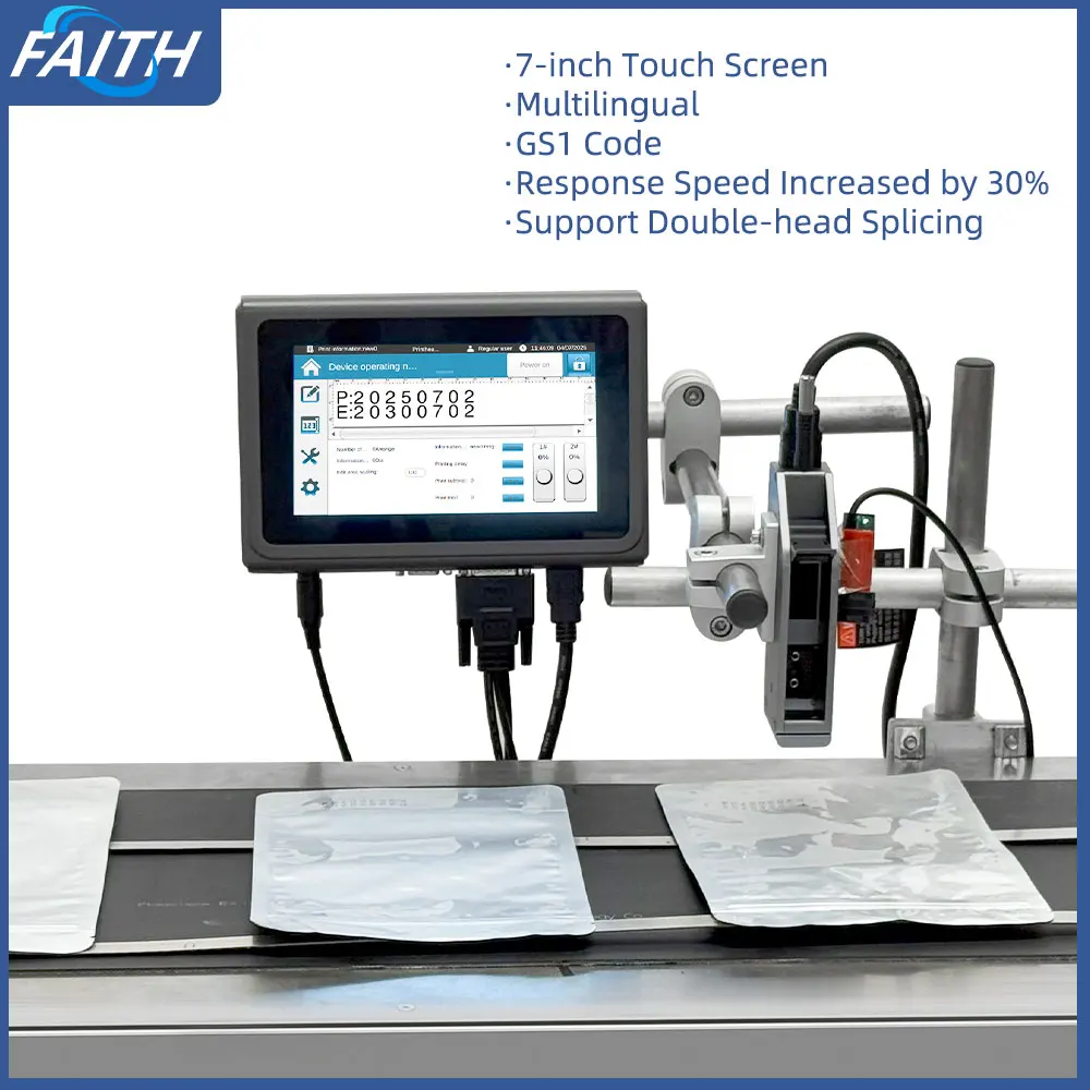 Faith  25.4mm 7'' Industrial Online Inkjet Printer QR Barcode Batch Number Logo Expiry Date Coding Machine