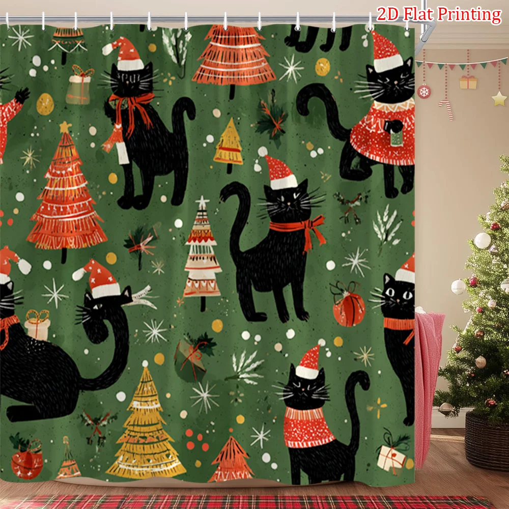 [2D Flat] 1pc Christmas Shower Curtain Featuring Playful Black Cats in Festive Attire Among Colorful Christmas Trees and Ornamen