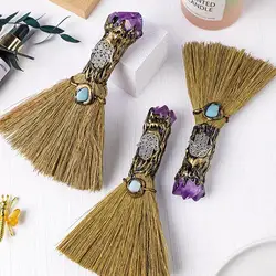 Natural Crystal Witch Broom Mini Witch Broom for Wiccan Altar Majic Ceremonial Decor Handmade Reiki Broom Stick for Wall Decor