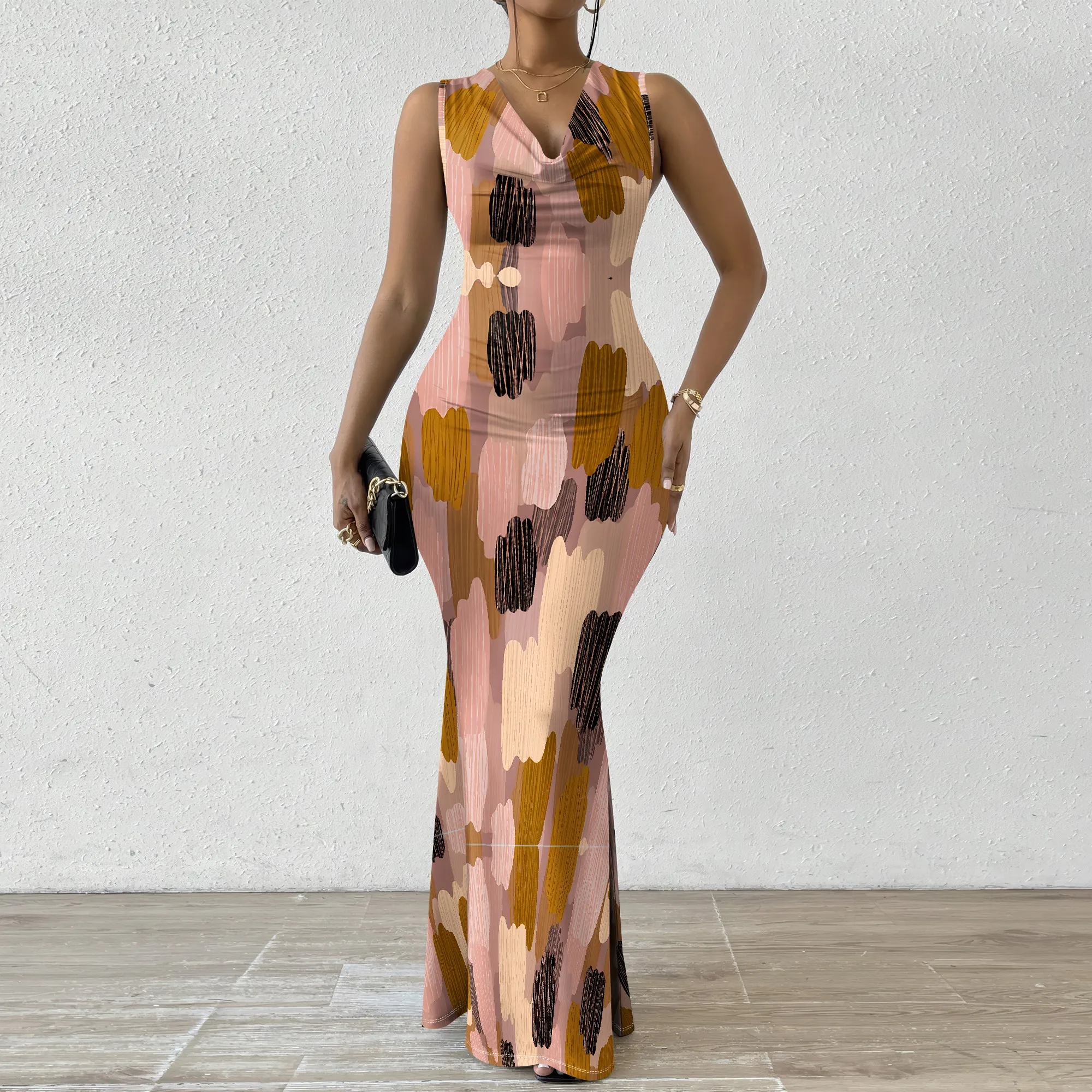 

Abstract Print Maxi Dress XS-2XL, Sleeveless V-Neck Dress for Women, Stylish & Trendy for Casual Outings & Parties