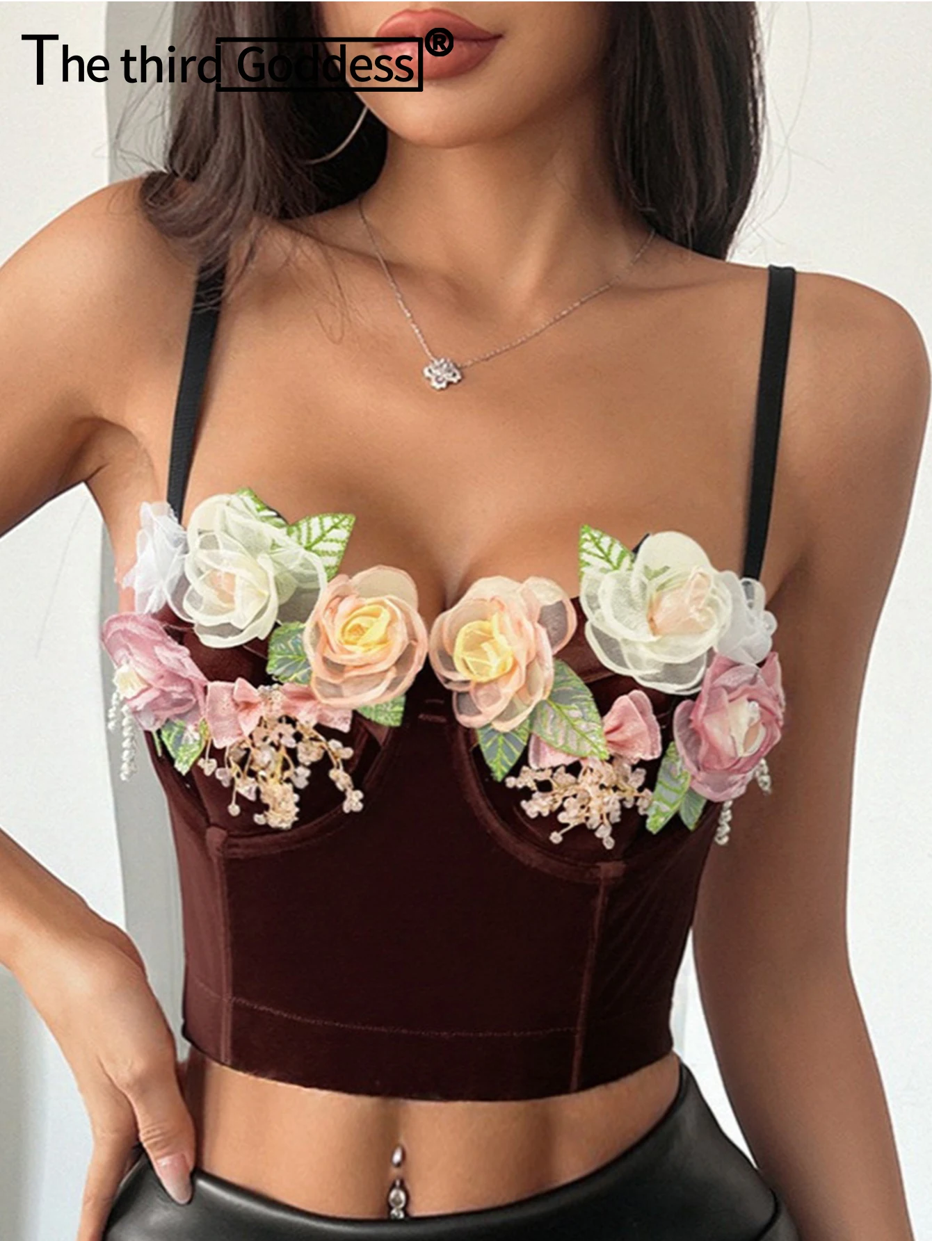 

Сексуальный черный бархатный корсет-топ с цветочным принтом для женщин, летний топ для вечеринок, укороченный винтажный топ-халтер, уличная одежда в стиле Hotwife