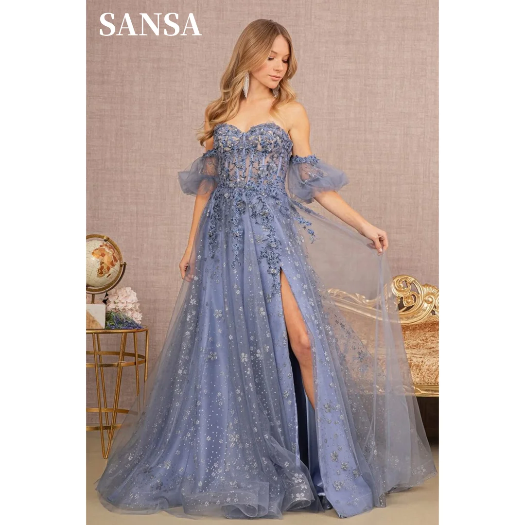 

Sansa Gray Off the Shoulder فساتين السهرة Lace Embroidery Vestidos De Noche Elegant Puffy Sleeves Side High Split Prom Dresses