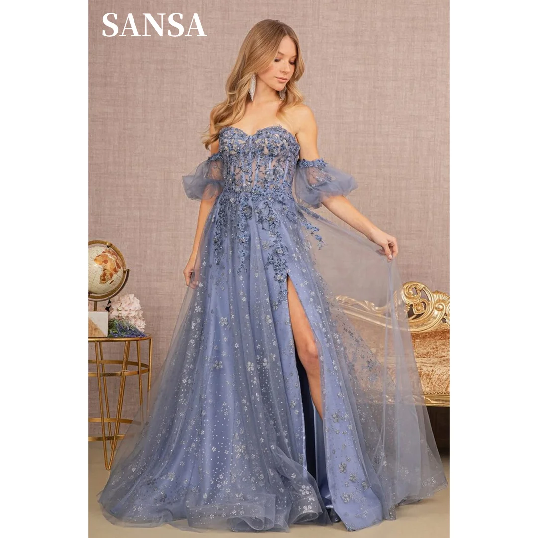 Sansa Gray Off the Shoulder فساتين السهرة Lace Embroidery Vestidos De Noche Elegant Puffy Sleeves Side High Split Prom Dresses