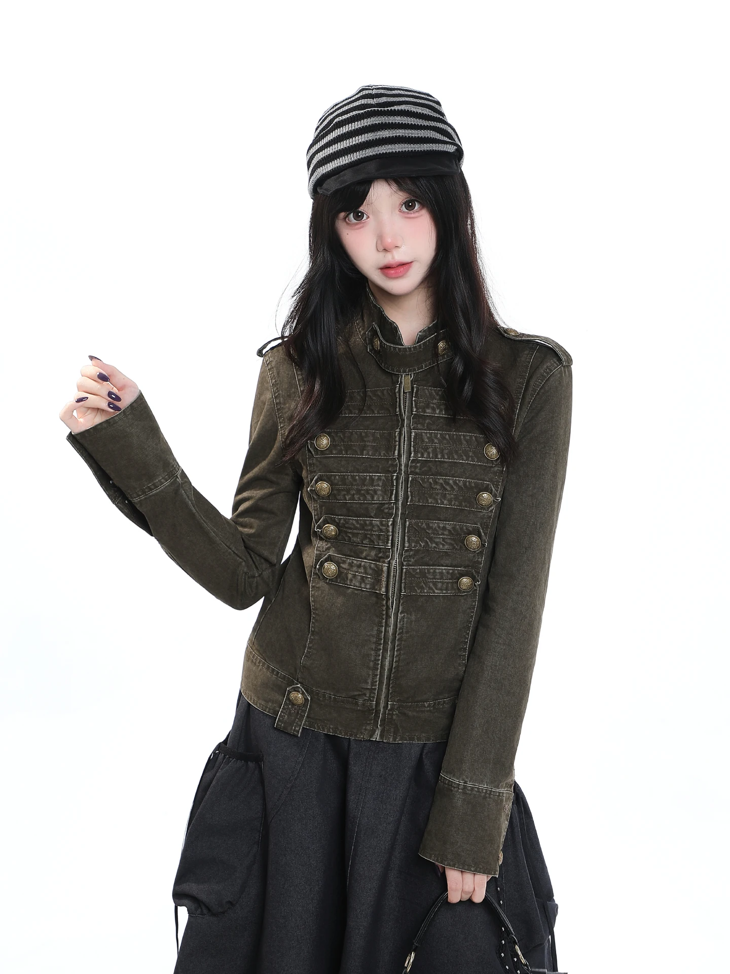 Retro American Style Short Jacket Women's Slim Fit Stand Collar Double Button Autumn High Sensation Unique Beautiful Coat