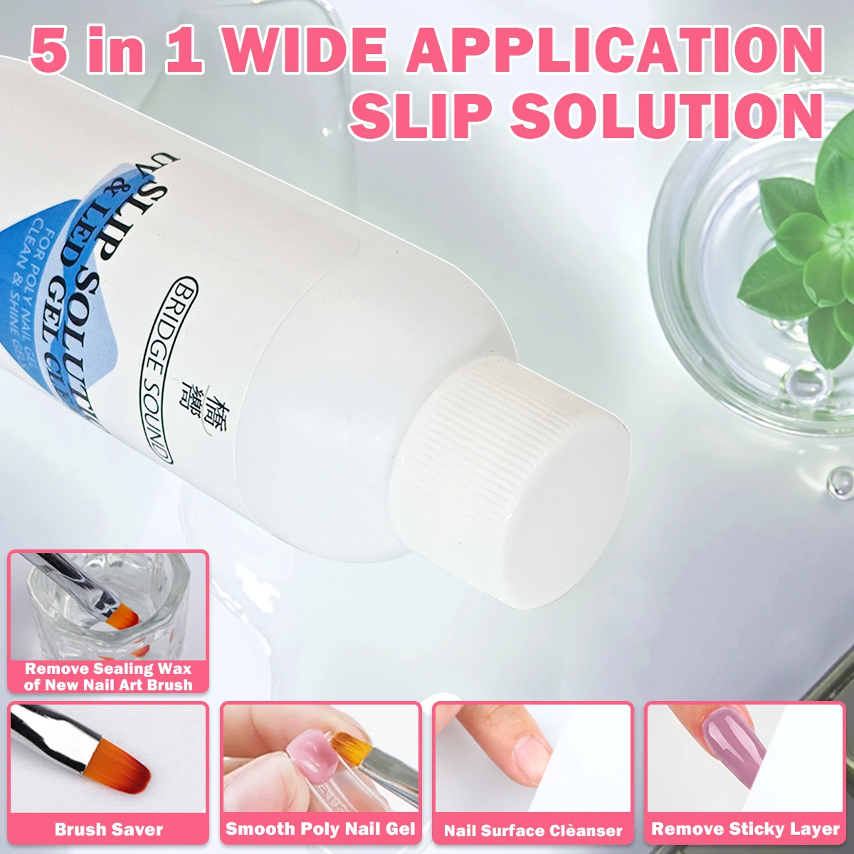 BRIDGESOUND 5-in-1 Poly Gel Nail Slip Solution, Nail Brush Cleanser, Smooth Application, Easy Nail Extension, Reduces Stickiness
