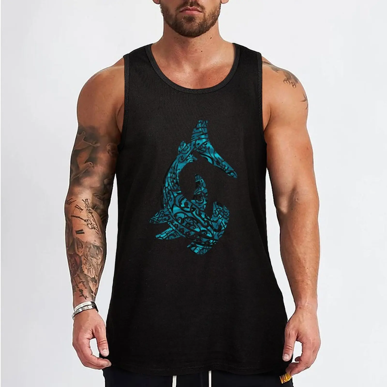 Water-shimmer Hammerhead Tribal Shark Tank Top bodybuilding muscular man