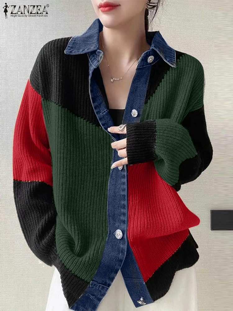 ZANZEA Ribbed Knit Long Sleeve Chemise Turn-down Collar Spring Casual Streetwear Cardigans Color-Blocked Patchwork Women Shirts