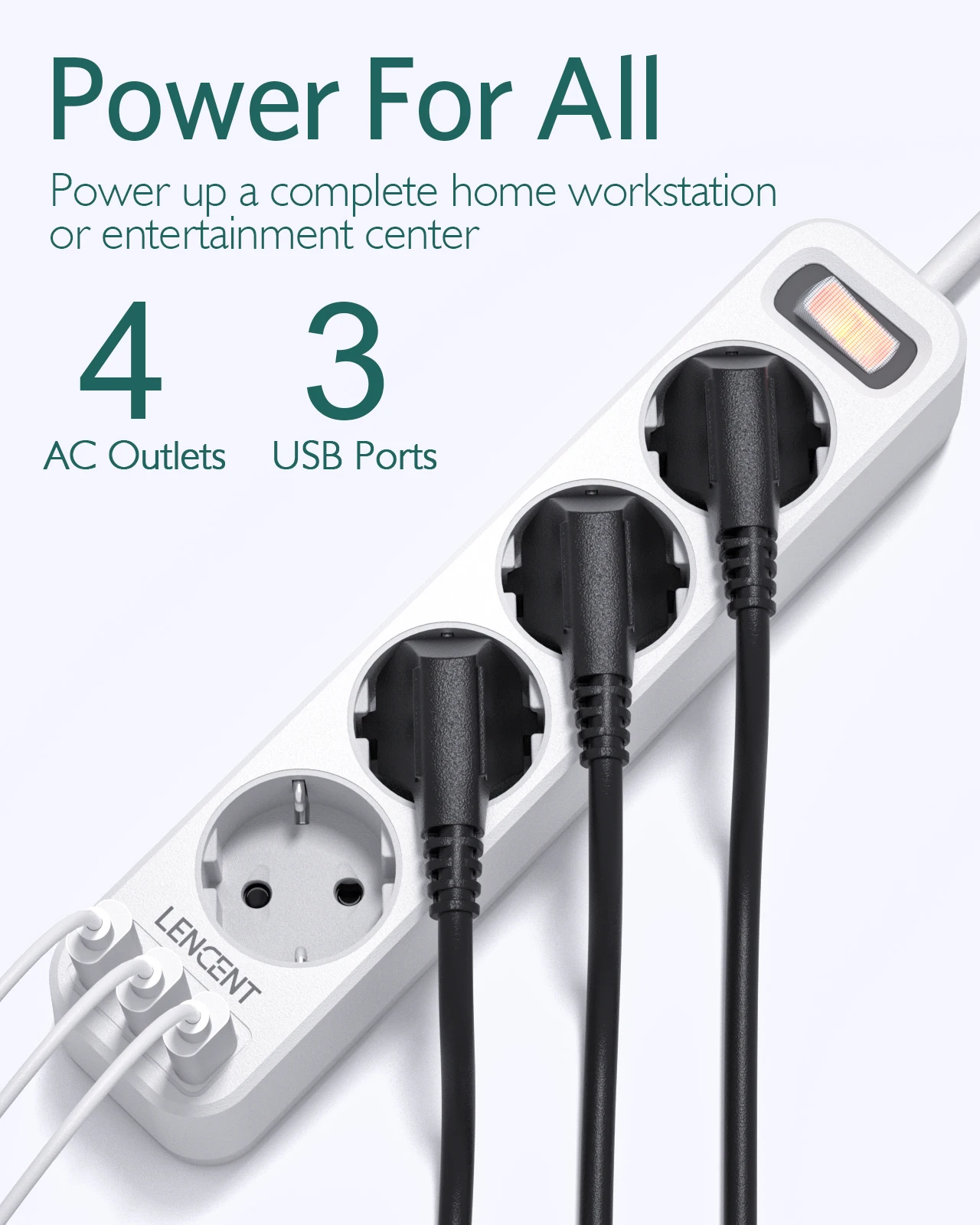 LENCENT EU Plug Power Strip with 4 Outlets and 3 USB Ports 5V/2.4A 7 in 1 Multiple Socket with 1.5M Cable On/Off Switch