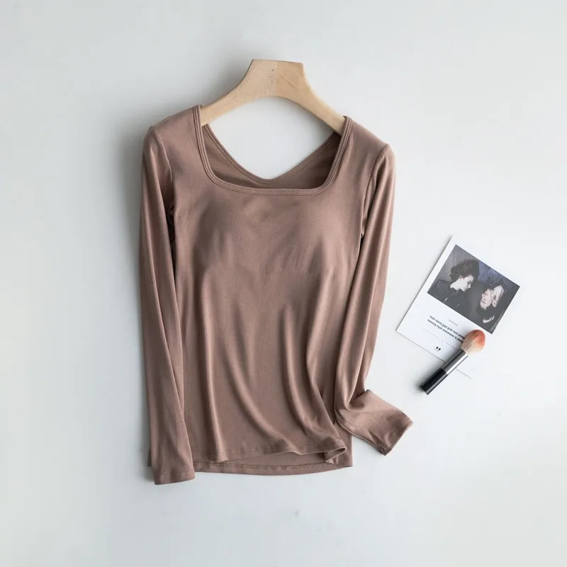 Spring And Autumn New Women\'s Pajamas Tops Square Collar With Chest Pads Long-Sleeved T-shirts Bottoming Shirts Home Clothes