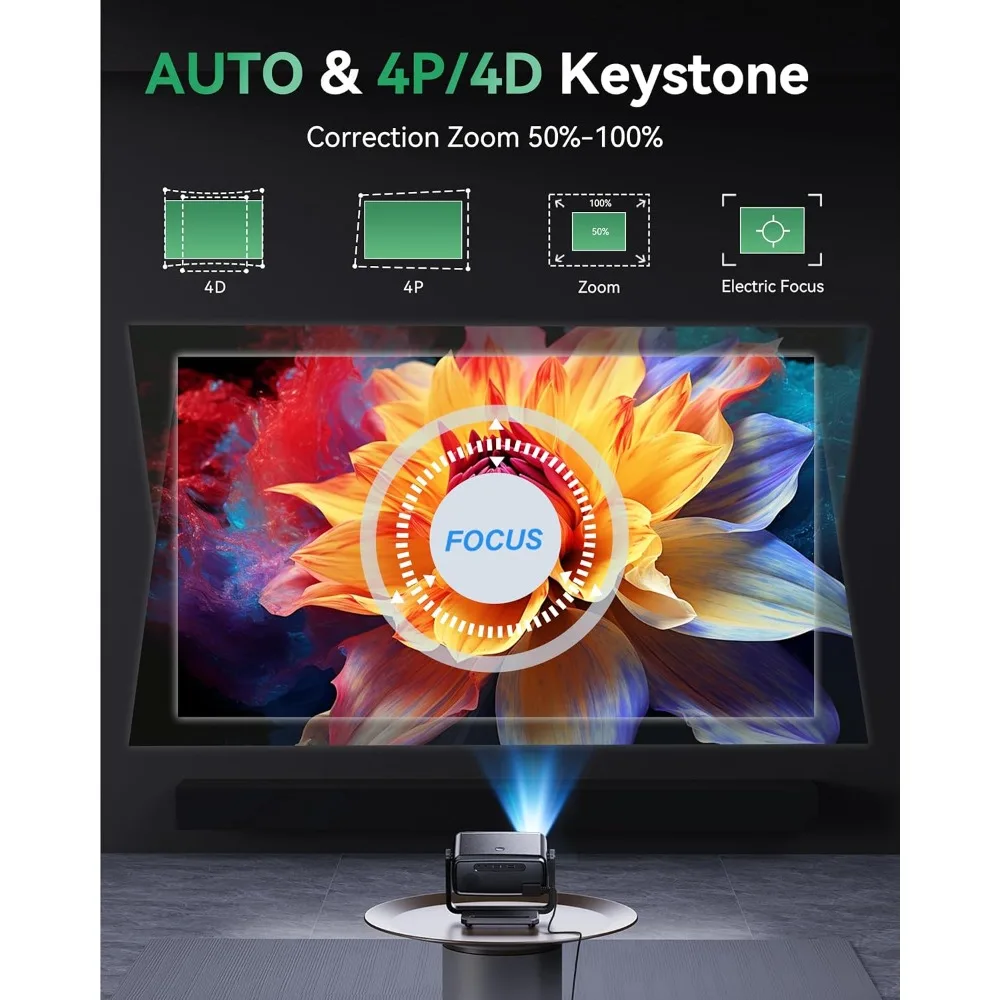 Proyektor WiFi Bluetooth 4K 1200 ANSI 180 °   Home Theater Film Portabel Luar Ruangan dengan Keystone Otomatis dan Resolusi Native 1080P yang Dapat Diputar