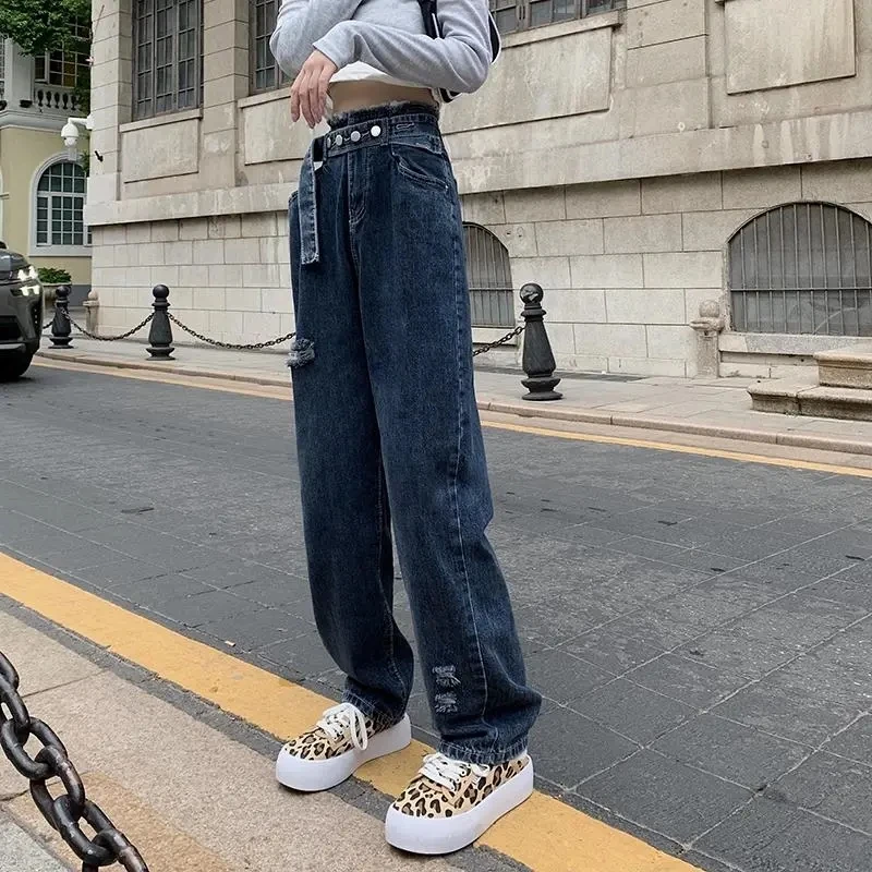 

Jeans Women 2023 Spring Summer Korean Style High Waist Perforat Trousers Fashion Casual Loose Large Size Wide Leg Pants Womens