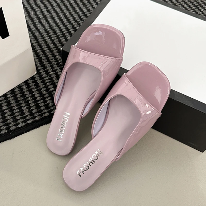 

New Women Patent Leather Cut Wedge Low Heel Slides Square Open Toe Casual Summer Office Party Daily Mules Sandals Slippers Shoes