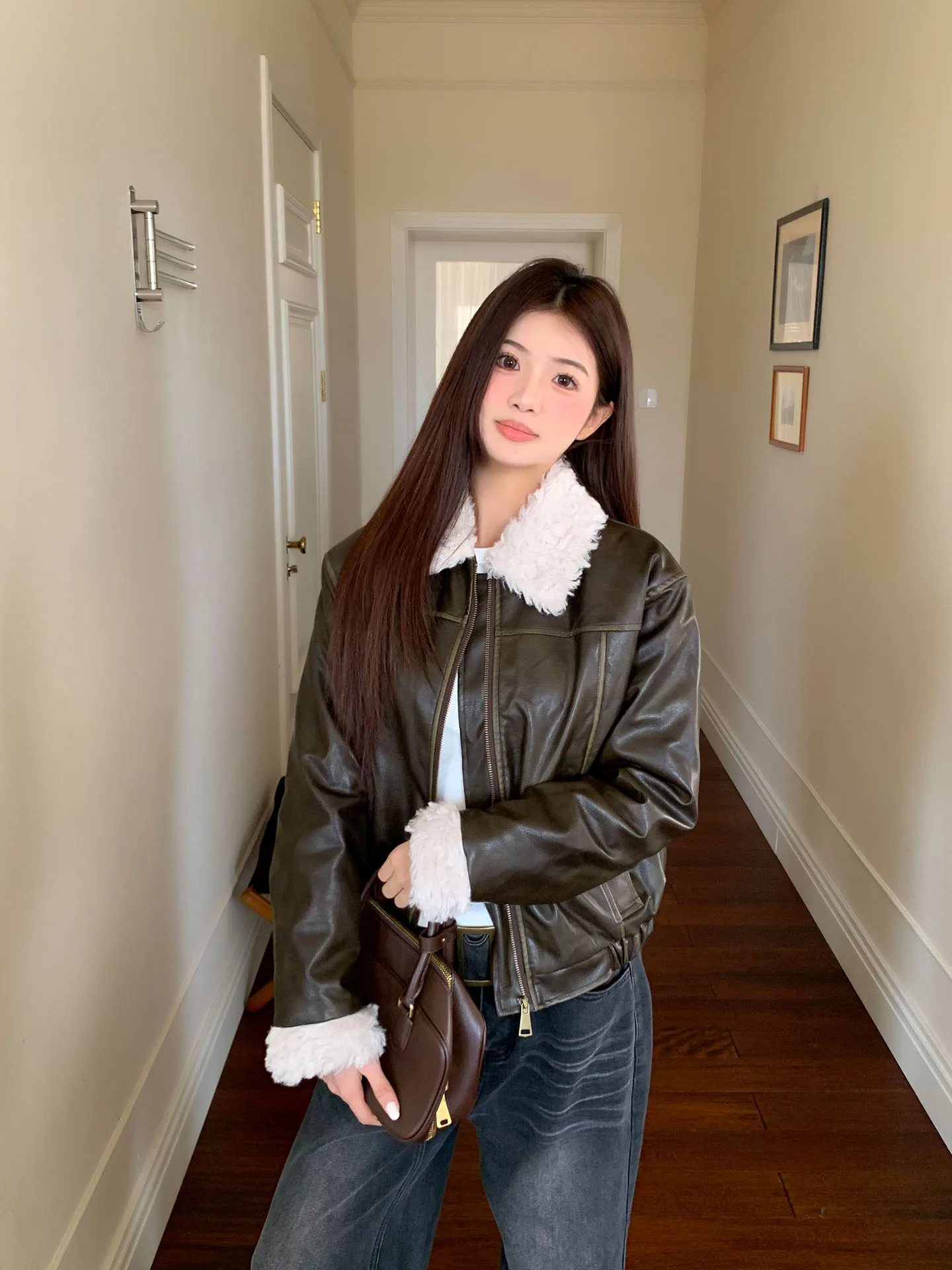 American sle laranja árvore couro do plutônio jaet feminino solto motocicleta sle ort casaco quente Thiened algodão interior casaco de inverno