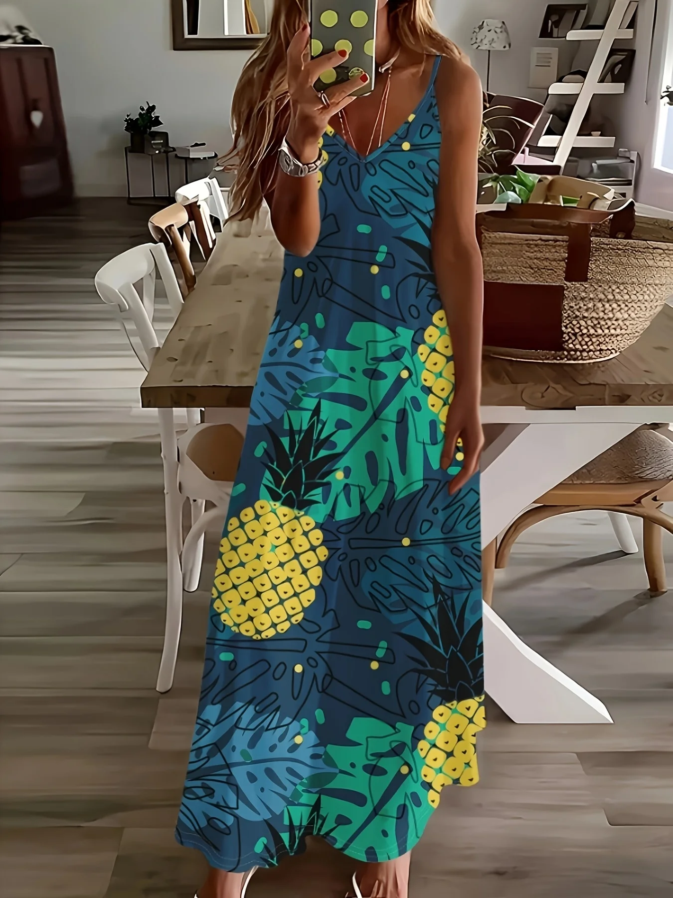 Summer Long Sleeve Midi Dress Tropical Pineapple Leaves Print Vacation Elegant V Neck Bodycon Casual Office Wear Women