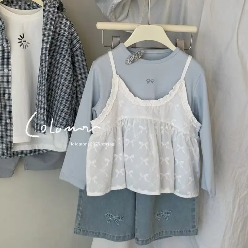 Girls Spring Set 2026 Children Sweet Strap Top Cotton T-shirt Embroidered Jeans for Children Three Piece Set