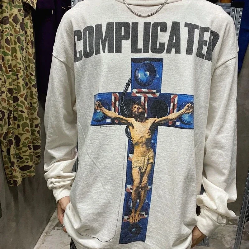 Men Women Oversized O-Neck Long Sleeve T-Shirts Cement White Cotton Letter Washing Tee Saint New Arrival Coat