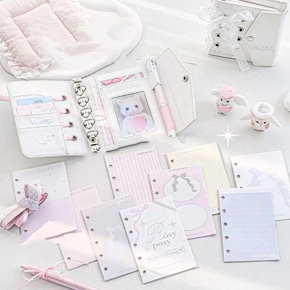 Note Paper Ribbon Loose-leaf Notebook PU Leahter Portable Hand Ledger Aesthetic Binder Hand Account Book Studnet