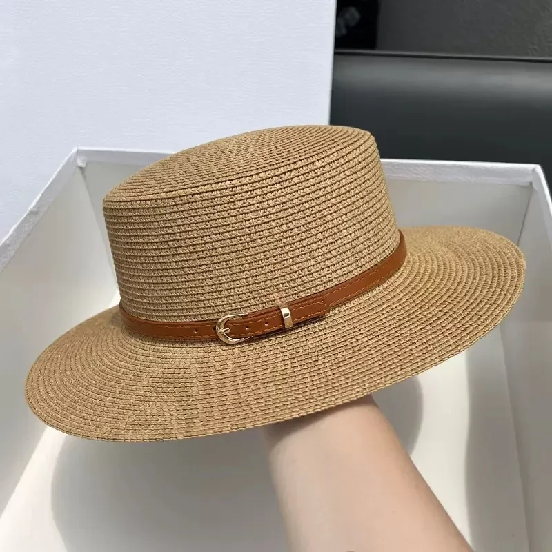 

Straw Wide Brim Hat Women's Summer French Retro Style Beach screen Flat Top Cap Fashion