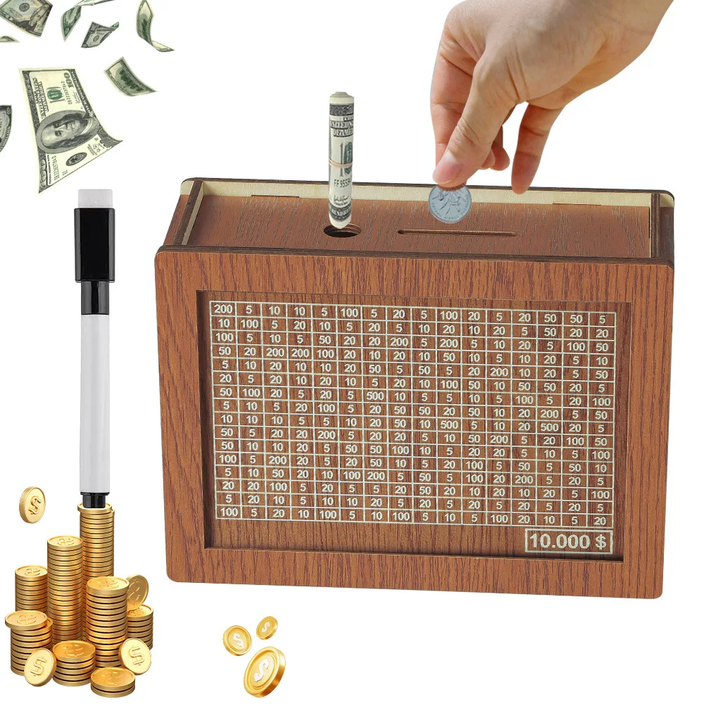 Wooden Money Box with Drawer Home Furnishing Piggy Bank with Savings Goals and Figures Including Erasable Acrylic Panel and Pen