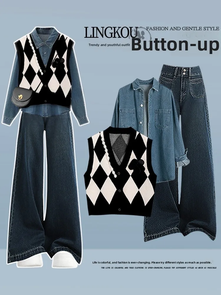 

Spring Design plus Size Knitted Vest Casual Shirt High Waist Trendy Jeans Three Piece Set Women's Anti-Aging Fashion Ensemble