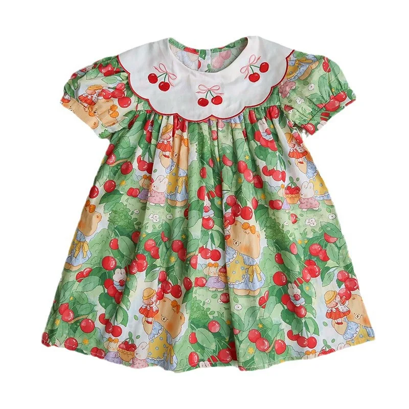 Cherry Embroidered Doll Collar Girl 2024Summer Short Sleeve Sweet Princess Dress