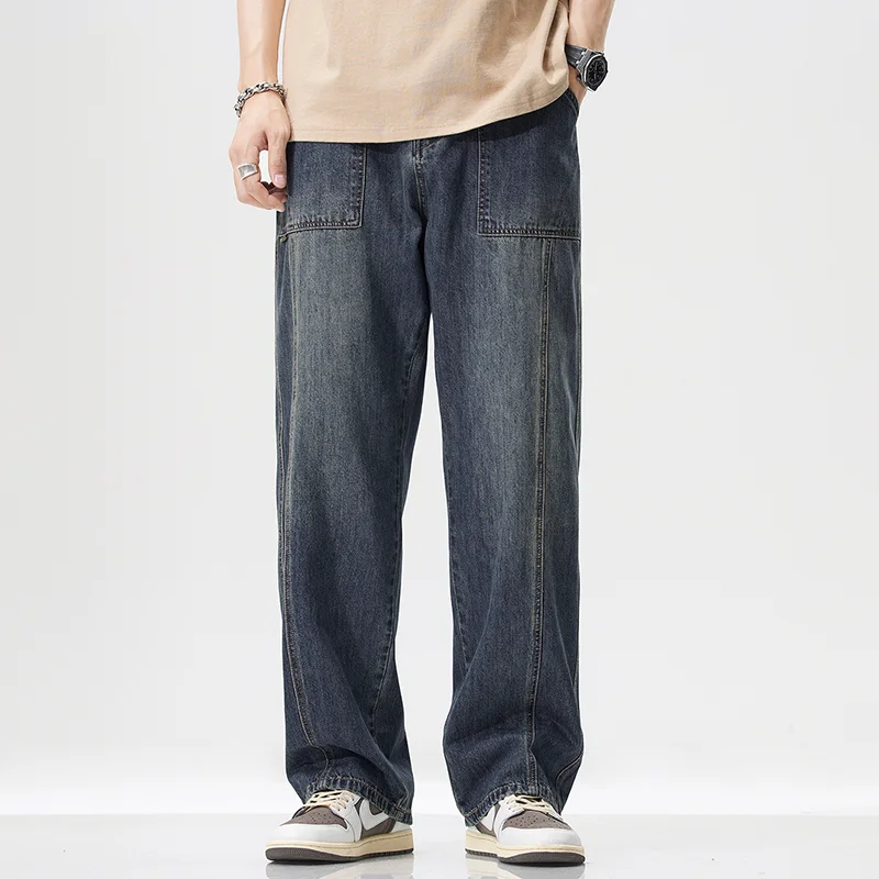 

Teenagers' Loose Casual Jeans, Fashionable Splicing Design, Straight Wide-leg Pants, Korean Retro Street Baggy Denim Trousers