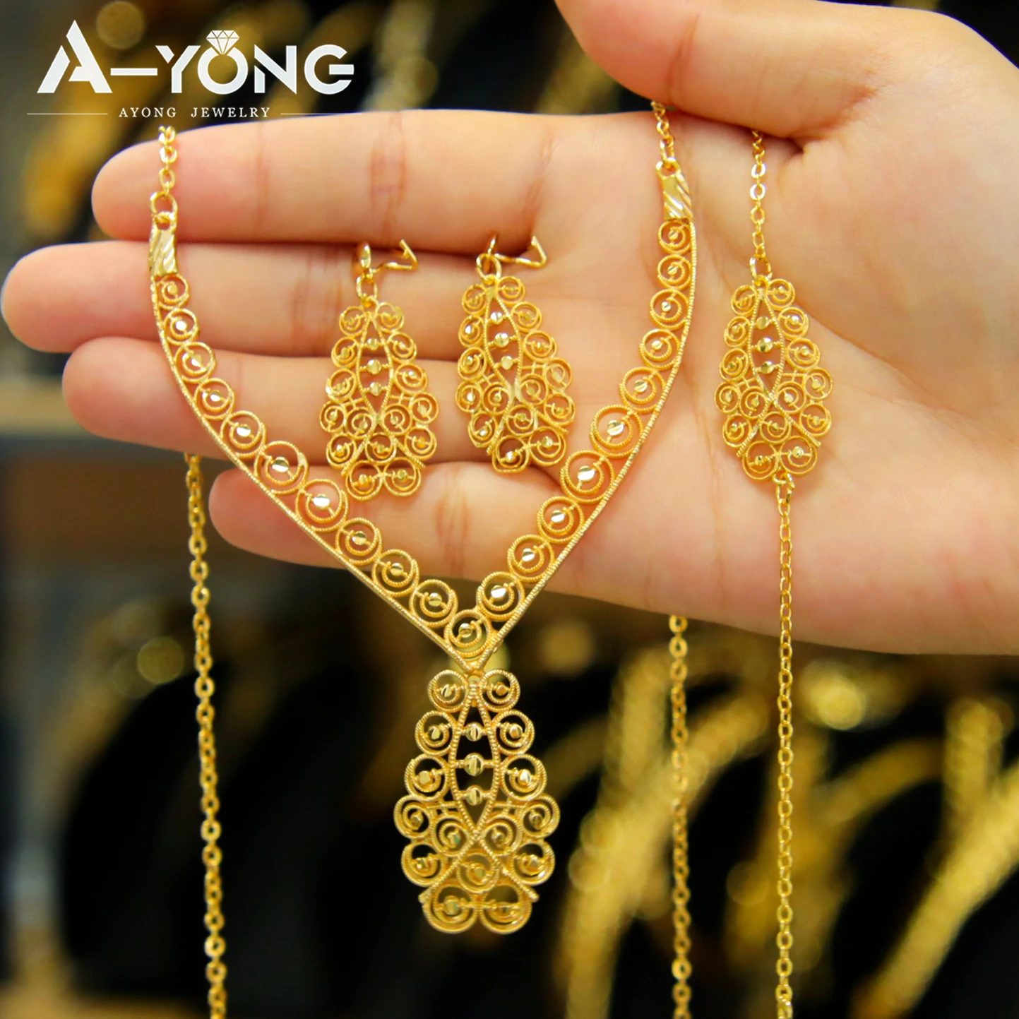 Klassisches Dubai-Gold-Hochzeitsschmuck-Set, 21 Karat vergoldet, Äthiopien, Braut-Halskette, Armband, Ohrringe, Nigeria, Vintage-Schmuck – Detail 5