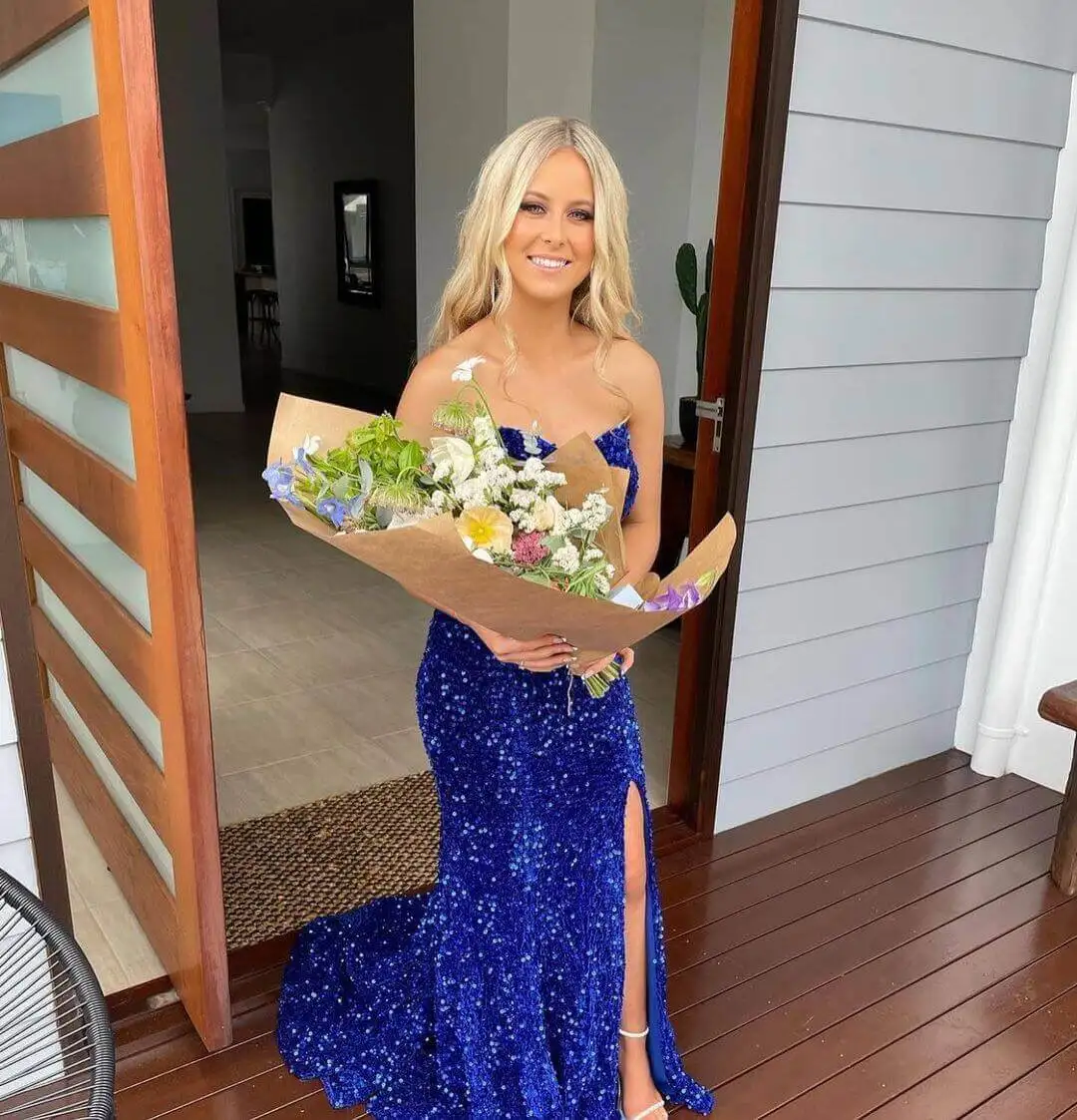 

Royal Blue Seqquined Evening Dresses 2023 Long Mermaid V Neck High Slit Sparkly Bling Formal Party Women Prom Gowns Cusotm made