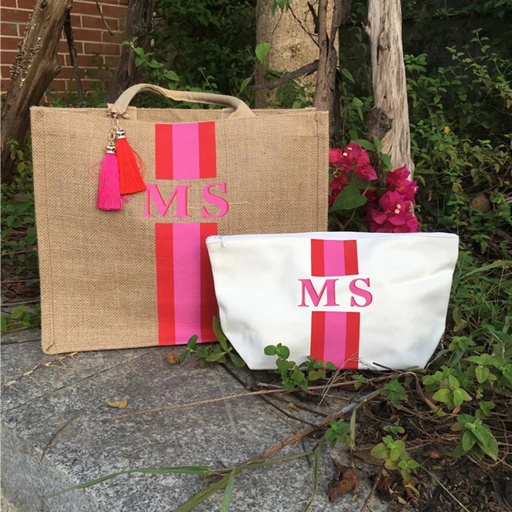 Custom striped monogrammed beach bag, personalize name monogram Initials burlap tote wedding mom basket bags pouches bridal gift